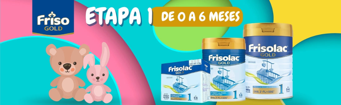 Frisolac Gold 1 etapa 1 (0 a 6 meses): fórmula infantil premium con DHA, GOS y tecnología LockNutri que favorece una digestión suave y natural.